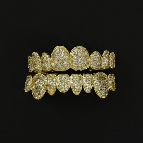 Diamond Grillz For Men Vampire 14K Gold Plated Finish 8 Top Teeth 8 Bottom Diamond Grills for Your Teeth with Extra Molding Bars Hip Hop Mouth Grills for Men and Women in Saudi Arabia