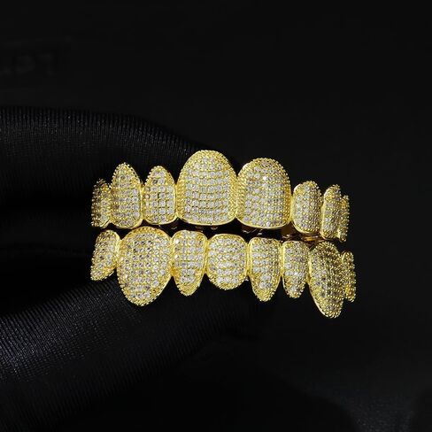 Diamond Grillz For Men Vampire 14K Gold Plated Finish 8 Top Teeth 8 Bottom Diamond Grills for Your Teeth with Extra Molding Bars Hip Hop Mouth Grills for Men and Women in Saudi Arabia
