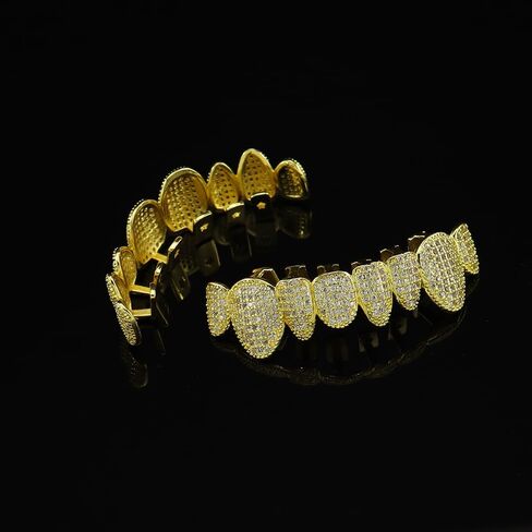 Diamond Grillz For Men Vampire 14K Gold Plated Finish 8 Top Teeth 8 Bottom Diamond Grills for Your Teeth with Extra Molding Bars Hip Hop Mouth Grills for Men and Women in Saudi Arabia