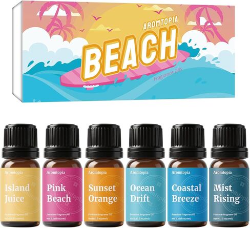 Beach Essential Oils Set, Aromtopia Diffuser Fragrance Oils for Home, 6x10ml Summer Essential Oils for Candle Soap Making, Pink Beach, Ocean Drift, Coastal Breeze Scents and More in Saudi Arabia
