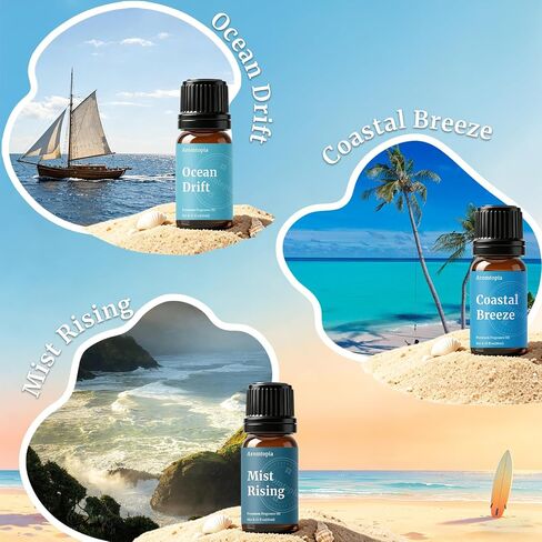 Beach Essential Oils Set, Aromtopia Diffuser Fragrance Oils for Home, 6x10ml Summer Essential Oils for Candle Soap Making, Pink Beach, Ocean Drift, Coastal Breeze Scents and More in Saudi Arabia