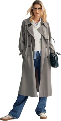 Women's Sleek Midi Trench Coat, Lightweight Belted Lapel Outerwear for Spring and Fall in Kuwait
