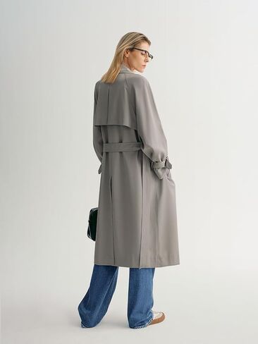 Women's Sleek Midi Trench Coat, Lightweight Belted Lapel Outerwear for Spring and Fall in Kuwait