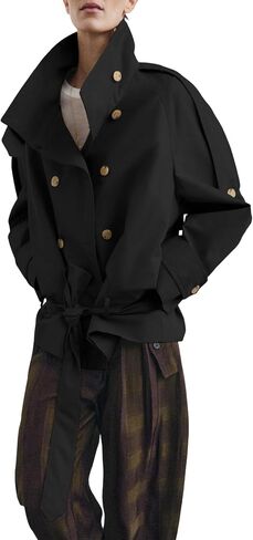 Cropped Trench Coat for Women Funnel Neck Double Breasted 2026 Trendy Fall Outfits Short Spring Jackets with Belt in Kuwait
