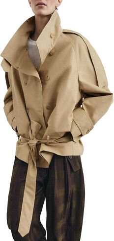 Cropped Trench Coat for Women Funnel Neck Double Breasted 2026 Trendy Fall Outfits Short Spring Jackets with Belt in Kuwait