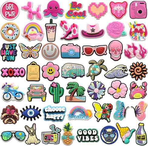 50-Piece Shoe Charms for Girls Women & Adults – Pink Cute Preppy Hippie Summer Butterfly Flower Shoe Decoration Pins, Happy Holiday Vibes Sandal Accessories, Birthday Gift & Party Favor in Saudi Arabia