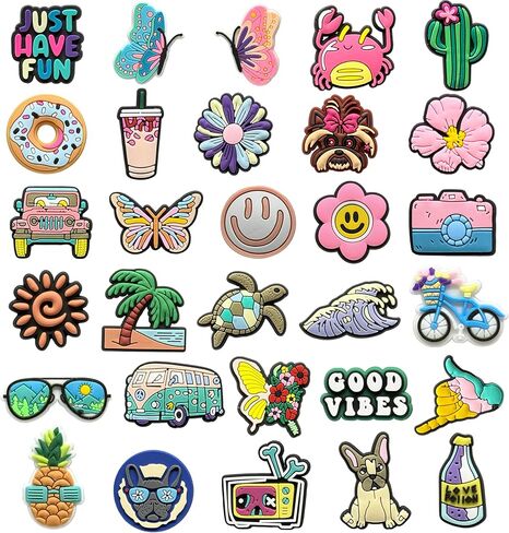 50-Piece Shoe Charms for Girls Women & Adults – Pink Cute Preppy Hippie Summer Butterfly Flower Shoe Decoration Pins, Happy Holiday Vibes Sandal Accessories, Birthday Gift & Party Favor in Saudi Arabia