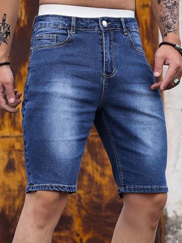 Men's Denim Slim Fit Stretch Shorts,Classic Washed Knee Length Hip Hop Streetwear Below Blue Jean Shorts, Outdoor Recreation in Kuwait