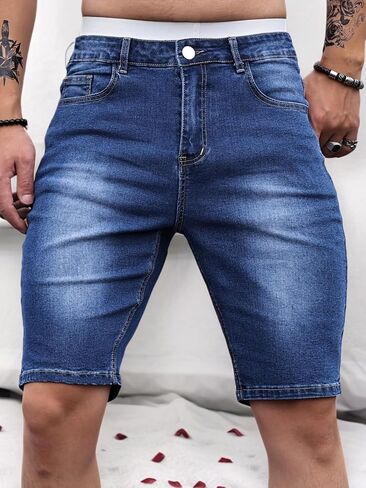 Men's Denim Slim Fit Stretch Shorts,Classic Washed Knee Length Hip Hop Streetwear Below Blue Jean Shorts, Outdoor Recreation in Kuwait