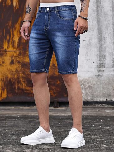 Men's Denim Slim Fit Stretch Shorts,Classic Washed Knee Length Hip Hop Streetwear Below Blue Jean Shorts, Outdoor Recreation in Kuwait