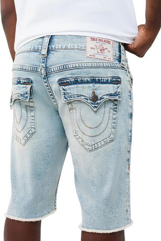 True Religion Men’s Ricky Frayed Hem Denim Short – Relaxed Fit, Raw-Cut Hem, Horseshoe Detailing – Playmaker Faded Indigo Lt Wash, 38 in Kuwait