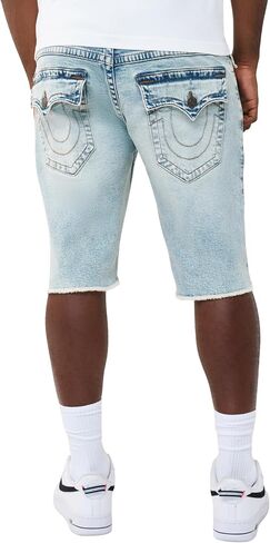 True Religion Men’s Ricky Frayed Hem Denim Short – Relaxed Fit, Raw-Cut Hem, Horseshoe Detailing – Playmaker Faded Indigo Lt Wash, 38 in Kuwait