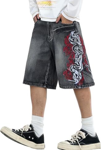 سراويل جينز فضفاضة للرجال Jorts عتيقة فضفاضة تناسب الهيب هوب Y2K مطرزة واسعة الساق صيفية من قماش الدنيم ملابس الشارع in Kuwait