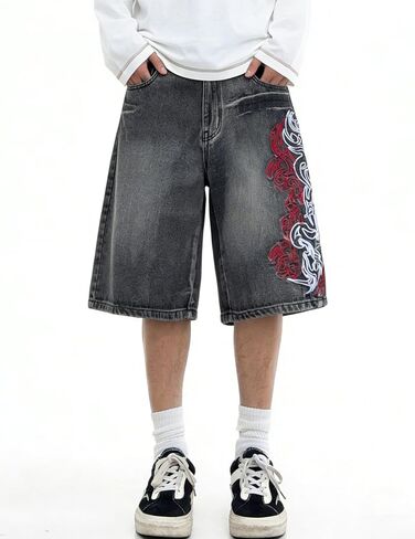 سراويل جينز فضفاضة للرجال Jorts عتيقة فضفاضة تناسب الهيب هوب Y2K مطرزة واسعة الساق صيفية من قماش الدنيم ملابس الشارع in Kuwait