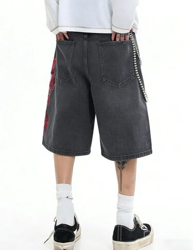 سراويل جينز فضفاضة للرجال Jorts عتيقة فضفاضة تناسب الهيب هوب Y2K مطرزة واسعة الساق صيفية من قماش الدنيم ملابس الشارع in Kuwait
