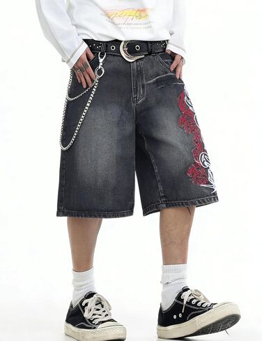سراويل جينز فضفاضة للرجال Jorts عتيقة فضفاضة تناسب الهيب هوب Y2K مطرزة واسعة الساق صيفية من قماش الدنيم ملابس الشارع in Kuwait
