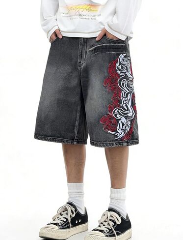 سراويل جينز فضفاضة للرجال Jorts عتيقة فضفاضة تناسب الهيب هوب Y2K مطرزة واسعة الساق صيفية من قماش الدنيم ملابس الشارع in Kuwait