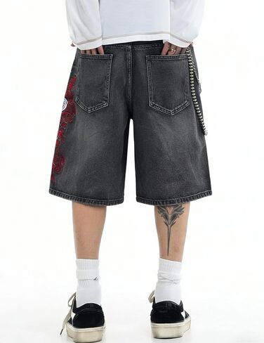 سراويل جينز فضفاضة للرجال Jorts عتيقة فضفاضة تناسب الهيب هوب Y2K مطرزة واسعة الساق صيفية من قماش الدنيم ملابس الشارع in Kuwait