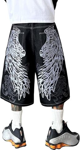 سراويل جينز فضفاضة للرجال Jorts عتيقة فضفاضة تناسب الهيب هوب Y2K مطرزة واسعة الساق صيفية من قماش الدنيم ملابس الشارع in Kuwait