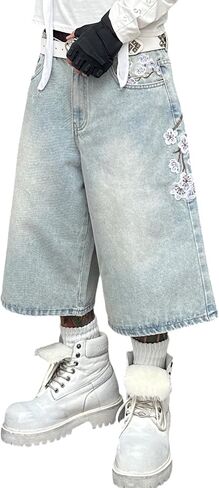 سراويل جينز فضفاضة للرجال Jorts عتيقة فضفاضة تناسب الهيب هوب Y2K مطرزة واسعة الساق صيفية من قماش الدنيم ملابس الشارع in Kuwait