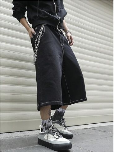 VIPWOLF Men's Y2K Jorts Baggy Capri Wide Leg Denim Shorts Streetwear Vintage Fashion Hip Hop Casual Summer Jean Shorts in Kuwait