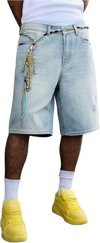 VIPWOLF Men's Baggy Jeans Shorts Wide Leg Loose Fit Y2K Hip Hop Long Denim Shorts Streetwear Below Knee Jorts in Kuwait