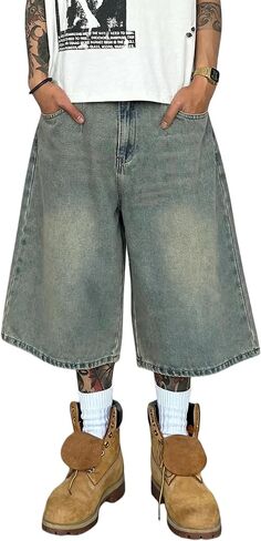 سراويل جينز فضفاضة للرجال Jorts Vintage فضفاضة تناسب واسعة الساق Y2K الهيب هوب الصيف عادية الدينيم السراويل الشارع الشهير in Kuwait