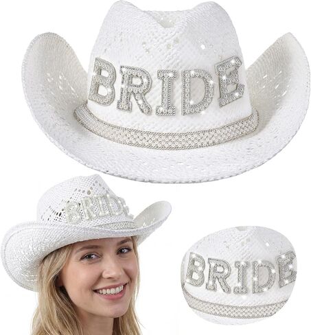 Newcotte Bride Cowgirl Straw Hat White Wide Brim Beach Cowgirl Hat with Pearl Bride Letters for Bachelorette Party Bridal Shower Wedding Honeymoon Bridal Gift in Kuwait