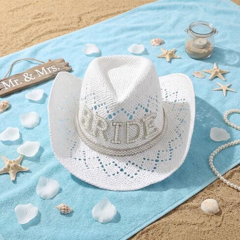 Newcotte Bride Cowgirl Straw Hat White Wide Brim Beach Cowgirl Hat with Pearl Bride Letters for Bachelorette Party Bridal Shower Wedding Honeymoon Bridal Gift in Kuwait