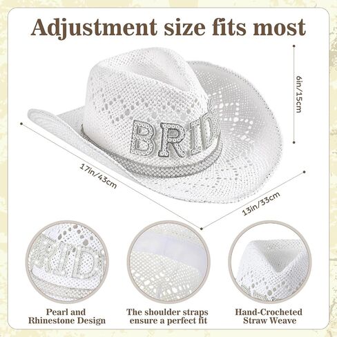 Newcotte Bride Cowgirl Straw Hat White Wide Brim Beach Cowgirl Hat with Pearl Bride Letters for Bachelorette Party Bridal Shower Wedding Honeymoon Bridal Gift in Kuwait