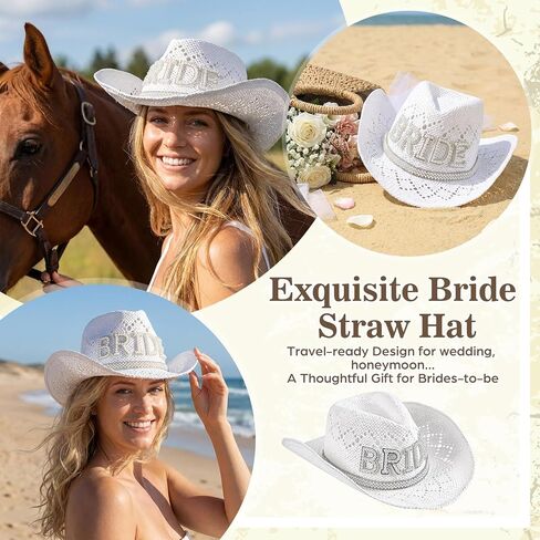 Newcotte Bride Cowgirl Straw Hat White Wide Brim Beach Cowgirl Hat with Pearl Bride Letters for Bachelorette Party Bridal Shower Wedding Honeymoon Bridal Gift in Kuwait
