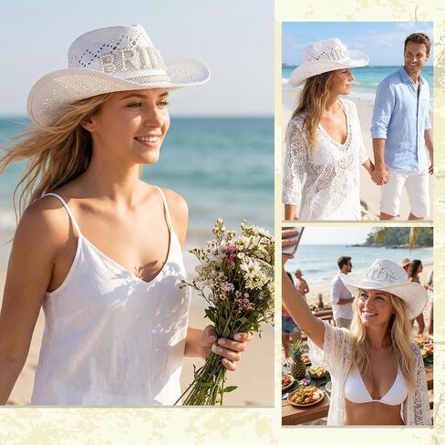 Newcotte Bride Cowgirl Straw Hat White Wide Brim Beach Cowgirl Hat with Pearl Bride Letters for Bachelorette Party Bridal Shower Wedding Honeymoon Bridal Gift in Kuwait