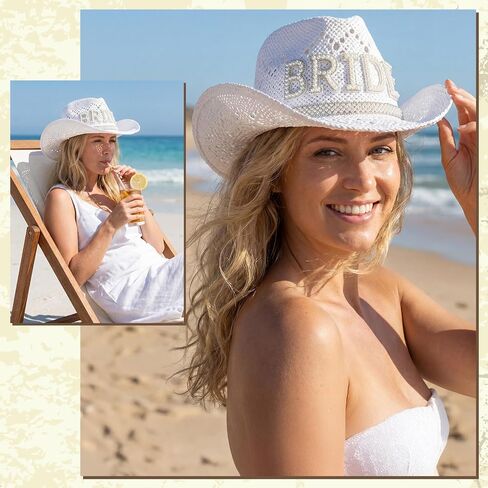 Newcotte Bride Cowgirl Straw Hat White Wide Brim Beach Cowgirl Hat with Pearl Bride Letters for Bachelorette Party Bridal Shower Wedding Honeymoon Bridal Gift in Kuwait