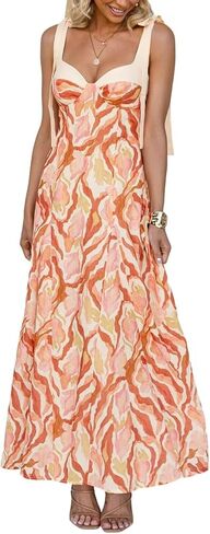 Women's Boho Print Dress Sleeveless Backless Halter High Waist A Line Vacation Beach Long Dress in Saudi Arabia
