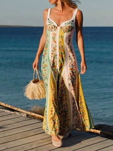 Women's Boho Print Dress Sleeveless Backless Halter High Waist A Line Vacation Beach Long Dress in Saudi Arabia