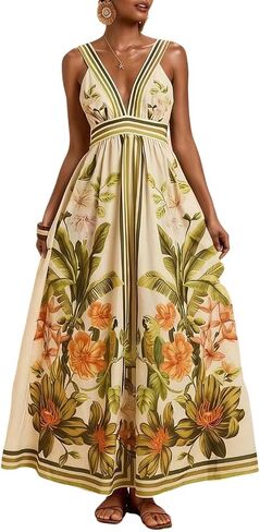 Women's Boho Print Dress Sleeveless Backless Halter High Waist A Line Vacation Beach Long Dress in Saudi Arabia