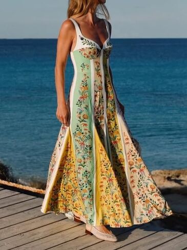 Women's Boho Print Dress Sleeveless Backless Halter High Waist A Line Vacation Beach Long Dress in Saudi Arabia