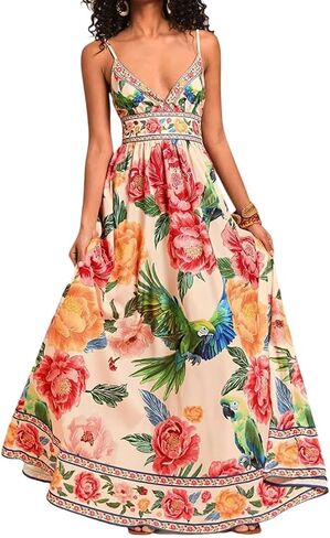 Women's Boho Print Dress Sleeveless Backless Halter High Waist A Line Vacation Beach Long Dress in Saudi Arabia