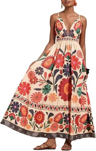 Women's Boho Print Dress Sleeveless Backless Halter High Waist A Line Vacation Beach Long Dress in Saudi Arabia