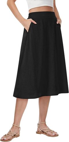 Women's Pleated Midi Skirt High Waist Flowy Casual A-line Knee Length Skirts with Pockets in Kuwait