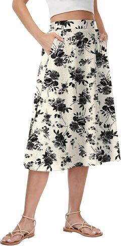 Women's Pleated Midi Skirt High Waist Flowy Casual A-line Knee Length Skirts with Pockets in Kuwait