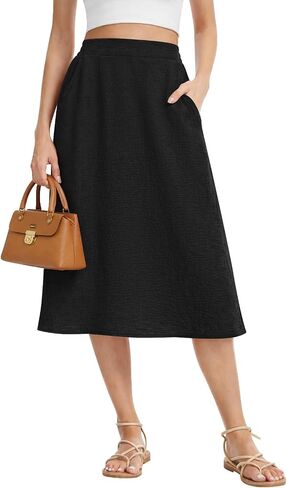 Women's Pleated Midi Skirt High Waist Flowy Casual A-line Knee Length Skirts with Pockets in Kuwait