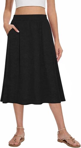 Women's Pleated Midi Skirt High Waist Flowy Casual A-line Knee Length Skirts with Pockets in Kuwait