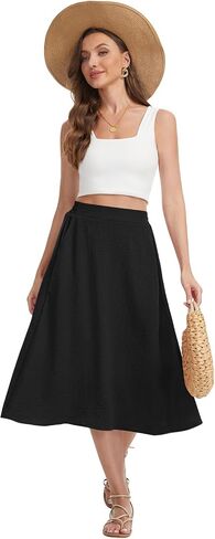 Women's Pleated Midi Skirt High Waist Flowy Casual A-line Knee Length Skirts with Pockets in Kuwait