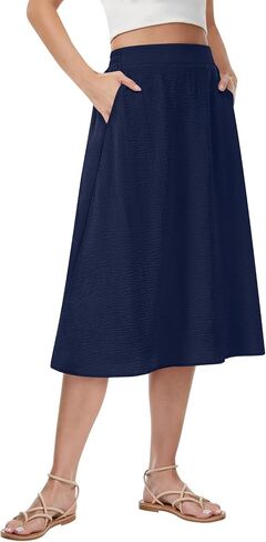 Women's Pleated Midi Skirt High Waist Flowy Casual A-line Knee Length Skirts with Pockets in Kuwait