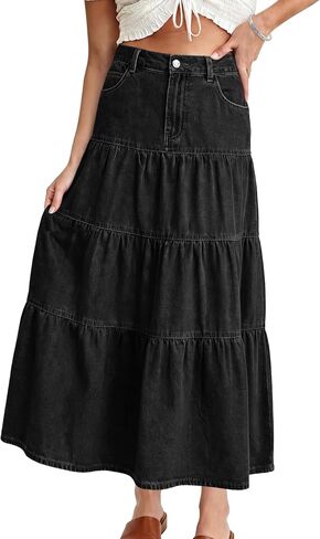 Womens Long Denim Skirt High Elastic Waist Tiered Ruffle Swing A-Line Summer Boho Jean Maxi Skirts with Pockets in Kuwait