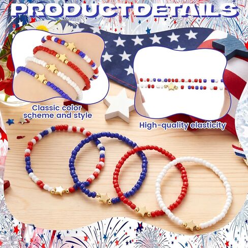 Tondiamo 100 Pcs 4th of July Bracelets USA Patriotic Bead Red White and Blue Bracelets with Stars 250th Anniversary Party Independence Day Charms accessories for Parade Party Favors Decorations in Kuwait
