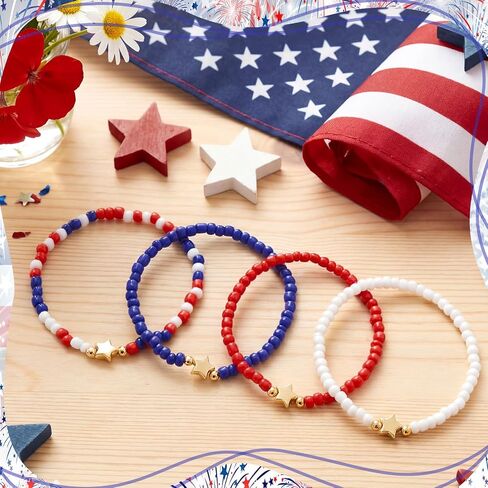 Tondiamo 100 Pcs 4th of July Bracelets USA Patriotic Bead Red White and Blue Bracelets with Stars 250th Anniversary Party Independence Day Charms accessories for Parade Party Favors Decorations in Kuwait