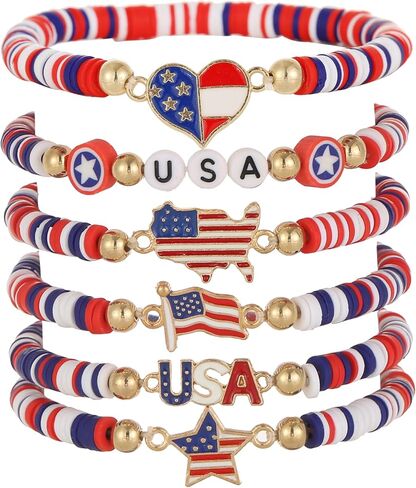 6/12 Pcs 4th of July Bracelets for Women American Flag Red White and Blue Bracelets USA 250th Anniversary Bracelets Independence Day Patriotic Surfer Heishi Bracelet with America 250 Flag Charms Stackable Vinyl Disc Beaded Stretch Bracelet Elastic Layerin in Saudi Arabia