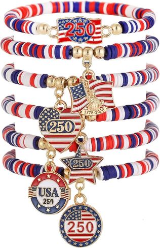 6/12 Pcs 4th of July Bracelets for Women American Flag Red White and Blue Bracelets USA 250th Anniversary Bracelets Independence Day Patriotic Surfer Heishi Bracelet with America 250 Flag Charms Stackable Vinyl Disc Beaded Stretch Bracelet Elastic Layerin in Saudi Arabia